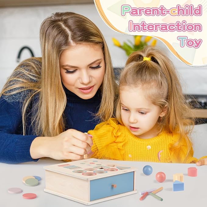 Montessori Toys for 2 3 4 5 Color Sorting - Wooden Object Permanence Box with Drawer Sensory Toys Shape Sorter Education for Baby Toddler Boy Girl Drop Busy Box 4 in 1