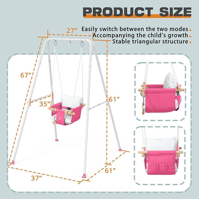2-in-1 Baby Jumper & Swing - Foldable Stand, Stable Toddler Swing Set for Indoor & Outdoor Use (Pink)