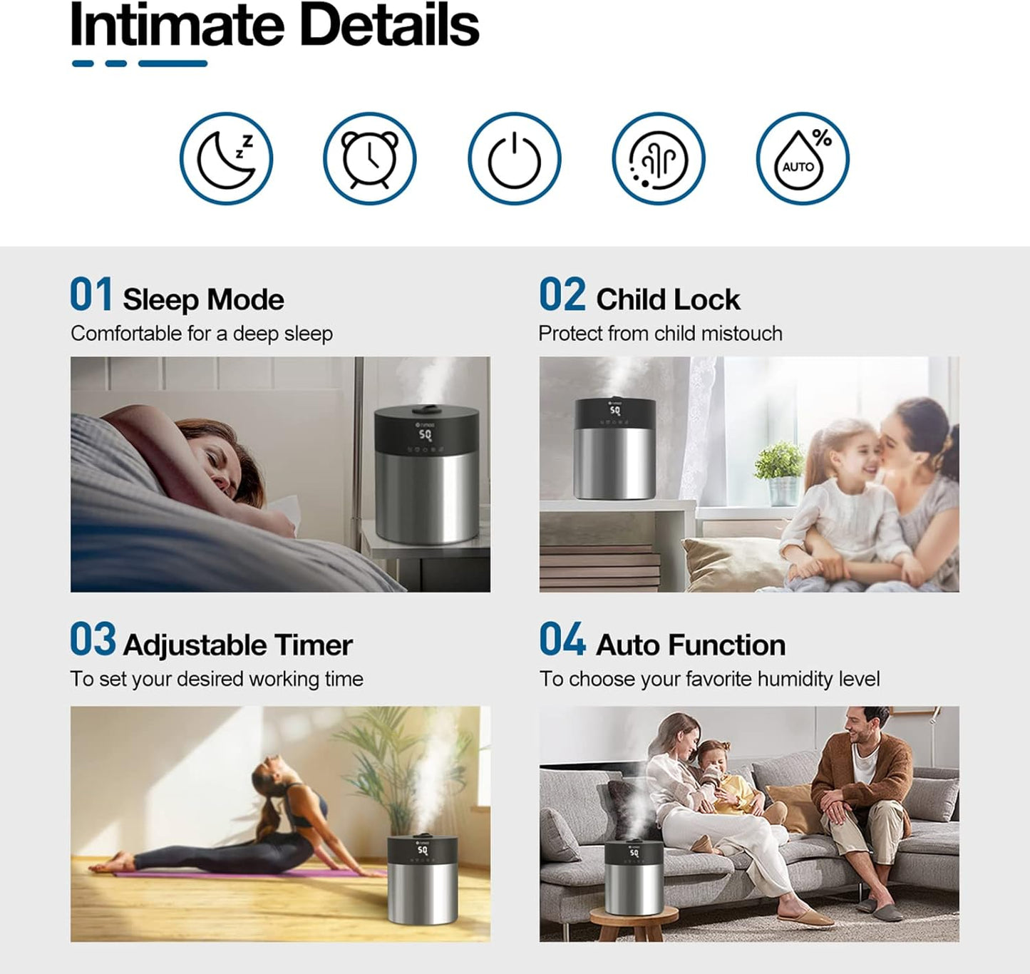 4.5L Humidifiers for Bedroom Large Room, Ultrasonic Cool Mist Humidifier with Stainless Steel Tank for Boiling Cleaning, Top Fill Humidifier with Smart Humidistat & Timer, Sleep Mode
