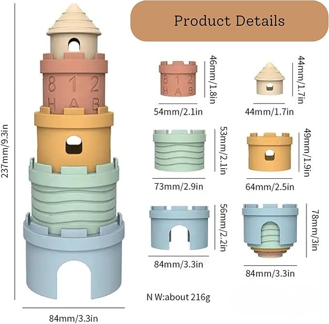 Castle Stacking Tower & Nesting Cups Baby Toys - 5-Piece Silicone Teething & Bathing Set - Fun, Educational & Early Learning Gift for Babies 6+ Months - BPA Free, Soft & Dishwasher Safe