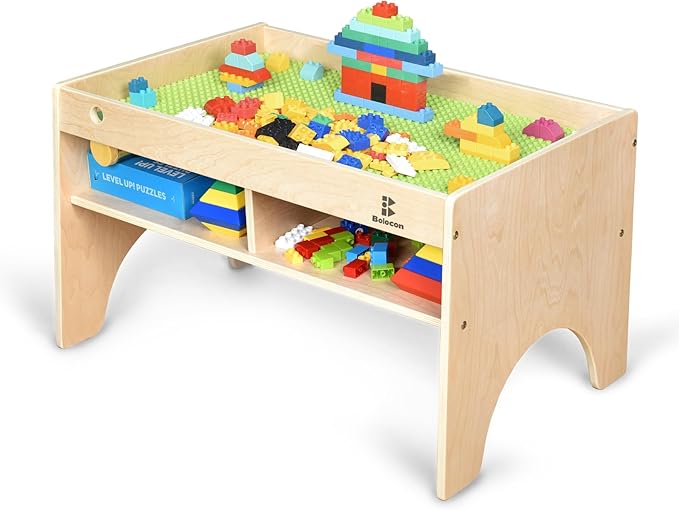 Kids 3-in-1 Wooden Art & Activity Table Playset Furniture with 4 Compartments for Storage, Play Table Compatible with Blocks&Bricks and Train Set for Preschool Toddler Boy & Girl (STD.)