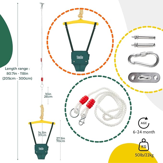 FUNLIO Baby Jumper with a Ceiling Hook for 6-24 Months, Baby Door Jumper for Indoor/Outdoor Play, Infant Jumper Doorway with Adjustable Chain, Easy to Assemble & Store (with a Ceiling Hook) - Green