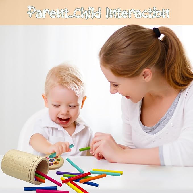 Wooden Montessori Sticks Toys for Kids, 8 Colors Natural Wood Toddler Learning Sorting Toys for 3 Year Old, Sensory Matching Game Birthday Gifts for Boys Girls (Round Sticks)