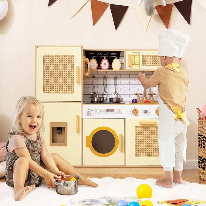 HONEY JOY Play Kitchen, Rattan Design Wooden Toy Kitchen Set for Toddlers, Stove with Lights & Water Dispenser, Range Hood, Cookware, Pretend Play Kids Kitchen Playset, Gift for Boys Girls (Yellow)