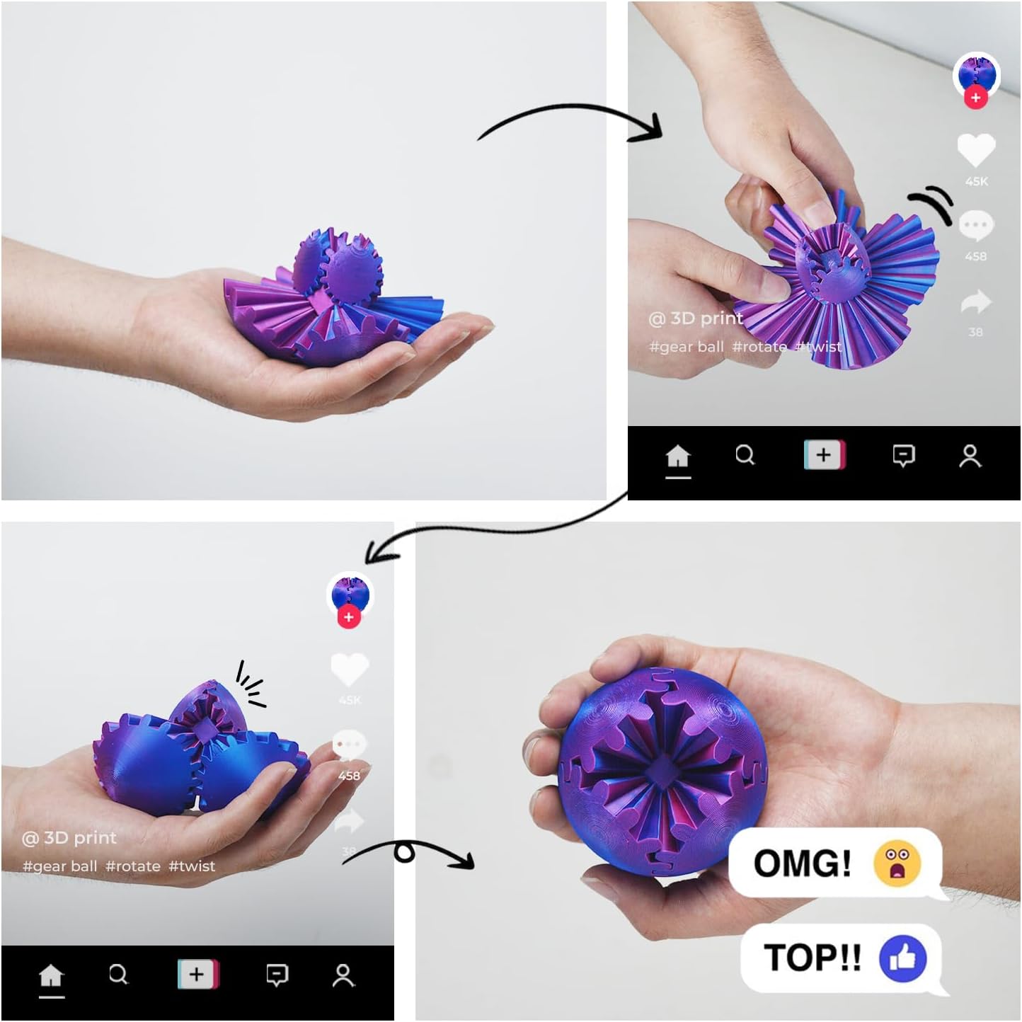 3D Printed Gear Ball ,Gear Ball Spin Ball or Cube Fidget Toy,Gear Sphere Desk Toy,Gift for Stress and Anxiety Relief (purple)