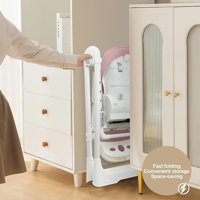 High Chairs for Babies and Toddlers Foldable High Chair Adjustable with Reclining Seat & Leg Rest, 3-in-1 Convertible Baby Swings with Tool-Free Assembly (Pink)