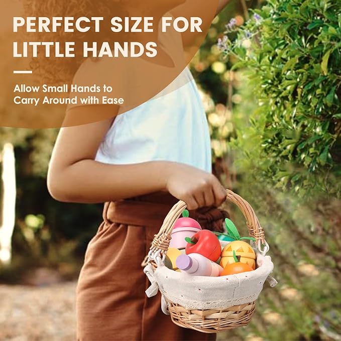 Picnic Playset, Wooden Play Food Set for Kids Kitchen, Cutting Pretend Play Kitchen Food Toy for Toddlers Girls Boys 3 4 5 Years Old