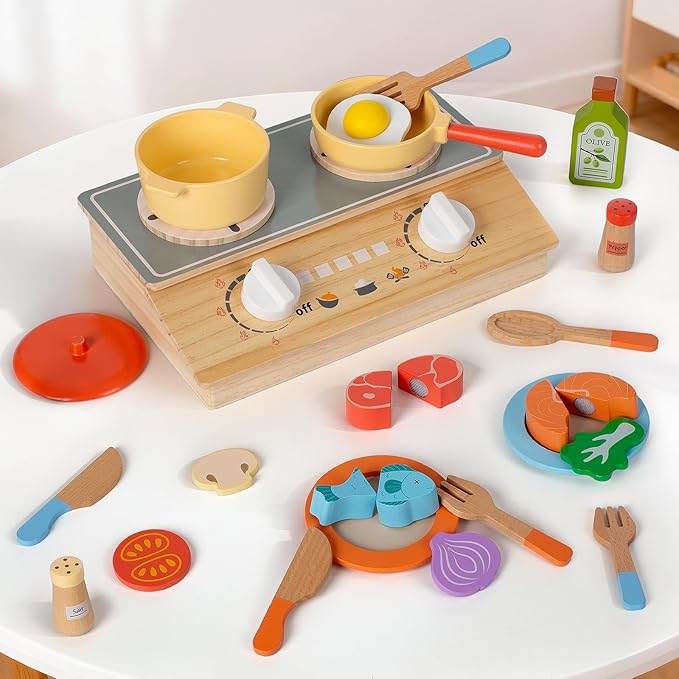 Play Kitchen Accessories, Wooden Pretend Play Cooking Playset with Interactive Sound and Storage Stove, Pots & Pans, Cuttable Play Food, Kitchen Toys for Kids Toddlers Girls Boys