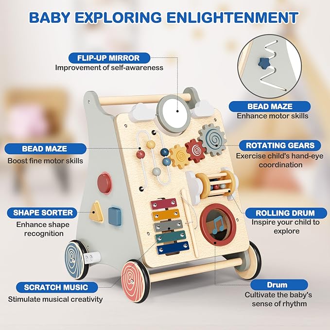 Detachable Baby Walker for Toddlers 1 Year Old Wooden Montessori Busy Board Adjustable Speed Push & Pull Walker Activity Learning to Walk Center Toy for Boys Girls 6-12 Months Baby Toys Birthday Gifts