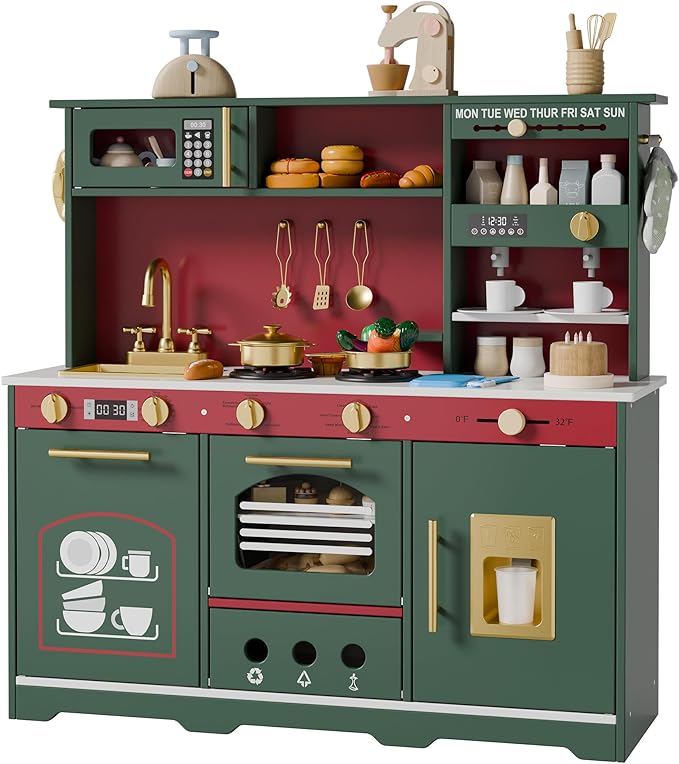 Play Kitchen Set, Kids Kitchen Playset with 21 Fun Accessories, Toy Kitchen Set with Realistic Appliances, Smart Storage, Wooden Play Kitchen for Kids, Gift for Ages 3+ (Green & Red)