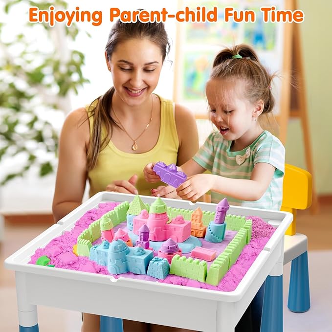 arscniek Toddlers Activity Table 7 in 1 Kids Activity Tables and 4 Chairs with 152Pcs Large Marble Run Building Blocks, Sand/Water Tables, Kids Learning Play Table Toys for Girls Boys Toddler Age 3-7