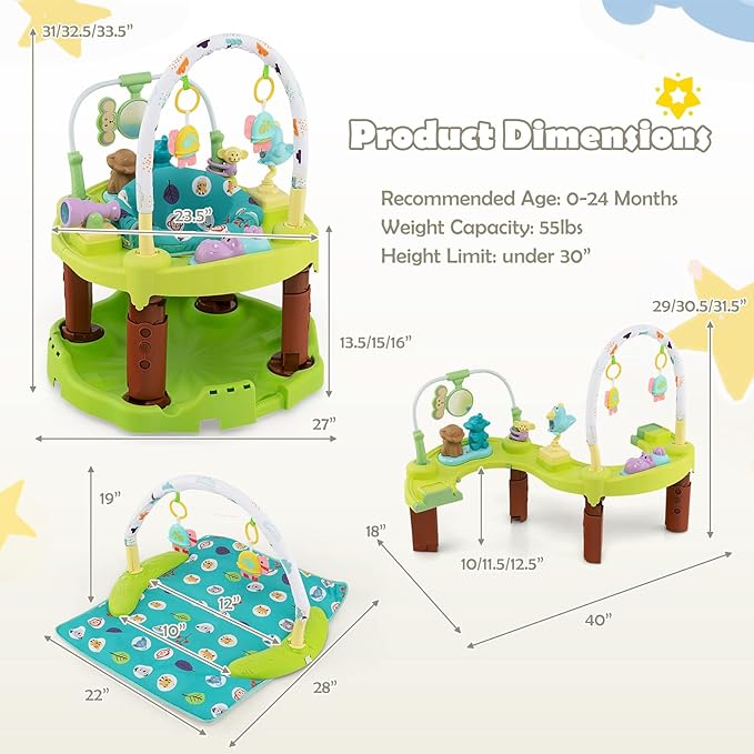 HOMGX Baby Bouncer Activity Center, 3 in 1 Baby Jumper Center & Infant Playtime Mat & Activity Table w/Baby Toys, 3 Adjustable Heights & 360° Rotatable Seat, Activity Center for Toddlers (Green)