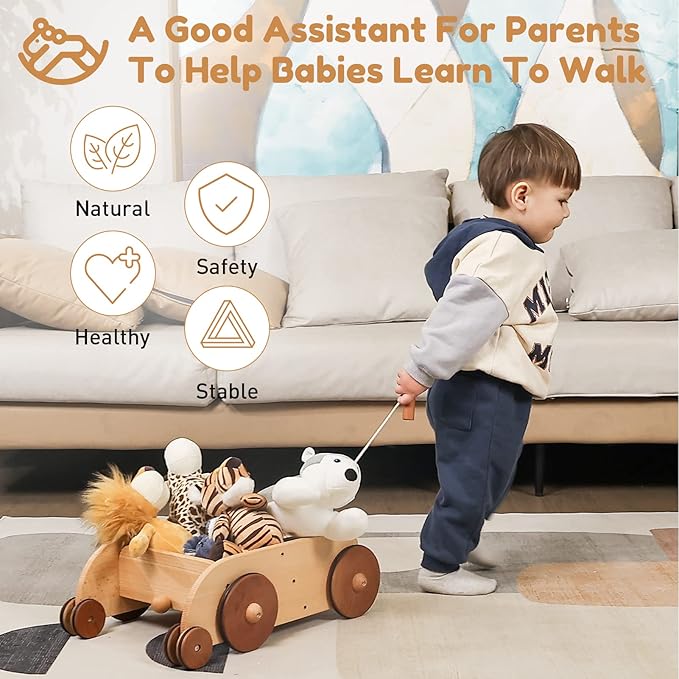 Woodtoe Wooden Baby Walker, Adjustable Speed Anti-Rollover Push Walker Toy for Babies Learning to Walk, Natural Wood Toddler Push and Pull Toys Wagon Christmas Toy for Boy Girl 12 3, 1st Birthday Gift