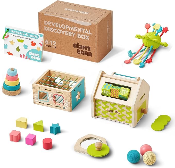 Giant bean Montessori Toys for Baby, 6-in-1 Wooden Early Education Learning Toys with Sensory Teething,Object Permanence Box,Shape Sorting Stacking Ring,Mirror Puzzle,Christmas Toy for Kid 1 2 3