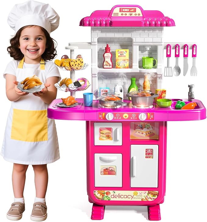 Kids Kitchen Playset for Ages 3-6 4-8, Play Kitchen with Light, Sound and Spraying, Sink Toy Accessories, Cooking Stoves, Pretend Food Toys for Toddlers 3-5 Boys Girls 6-12