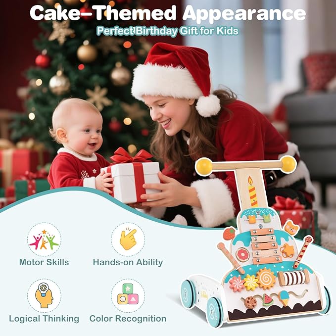 HONEY JOY Baby Push Walker, Wooden Infant Walker Activity Center w/Adjustable Handle, Develop Motor Skills & Creativity, Push Toys for Babies Learning to Walk, First Birthday Gift for Boys and Girls