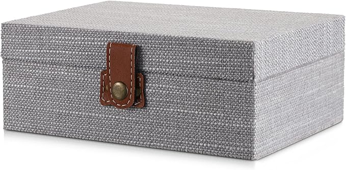 Hipiwe Decorative Jewelry Storage Box Gray Wooden Case with Linen Covered Treasure Chest for Women Gift Photo Organizer with Clasp Keepsake Box Home Decor, Medium