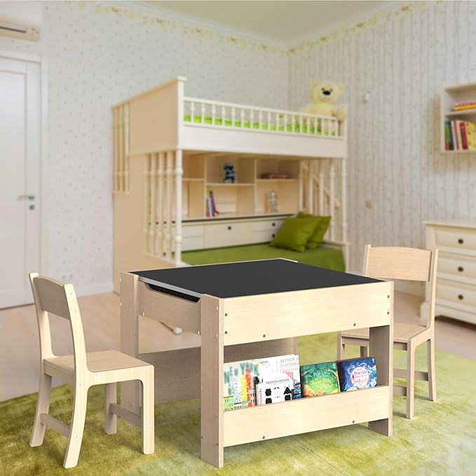 4-in-1 Kids Wooden Activity Desk & Chair Set – Birch Plywood Table with Reversible Whiteboard & Chalkboard, 3 Storage Areas for Toddlers’ Learning, Art, and Play(1-4 Years)