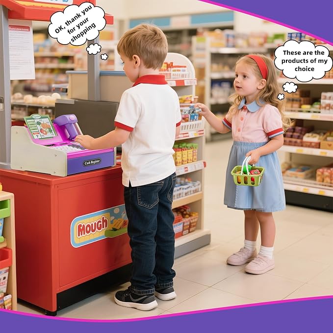 Kids Cash Register Toys, Rechargeable Wooden Toddler Pretend Play Supermarket & Fast Food Restaurant, Cashier Toy with Play Money, Pretend Food, Birthday Gifts for Kids Boy & Girl Age 4-8, Pink