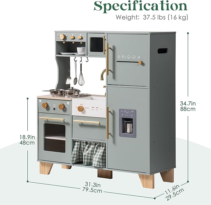 ROBOTIME Play Kitchen for Kids Toddlers, Wooden Pretend Play Kitchen Set Toy with Fridge, Ice Maker, Coffee Maker, Toys Kitchen Gift for 3+ Year Old Kids, Girls & Boys