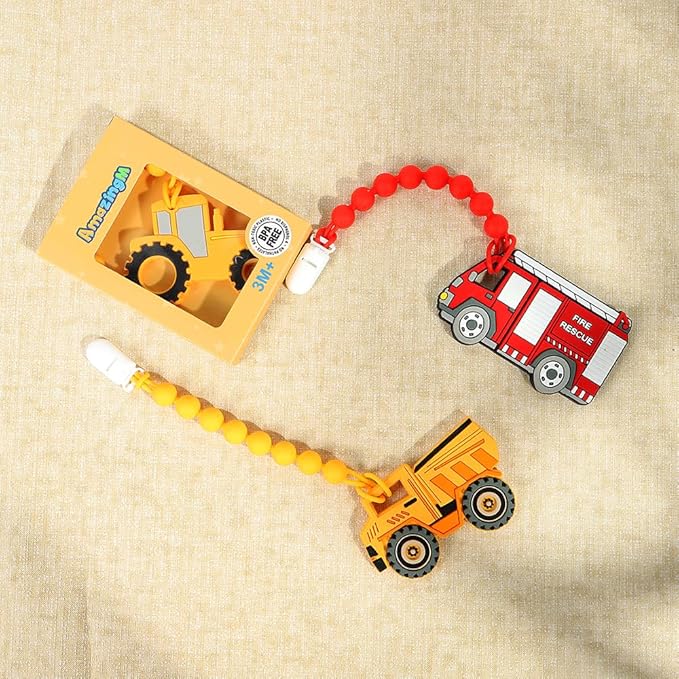 Baby Food Grade Silicone Carrier Vehicle Teether Toy with Pacifier Clip Holder,Teething Toys Gift Set for 3 Months+ Boys and Girls,Freezer Safe,BPA Free. (Dump Truck)