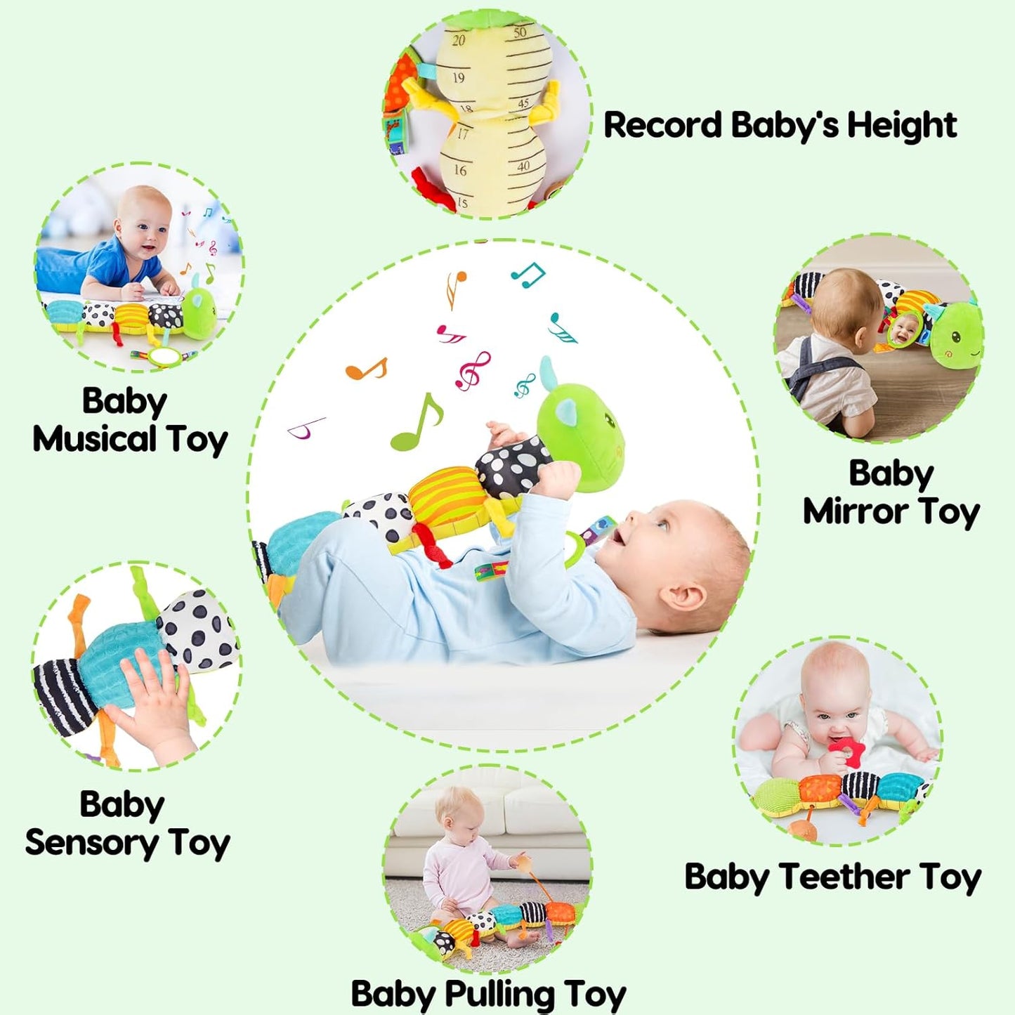 Baby Sensory Toy 0-6 Month Music Animal Stuffed Plush Caterpillar Toy for Infant 0-3-6 Month Tummy Time with Baby Mirror Crinkle Rattle for 6-12 Month Carseat Toys for Newborn Boys Girls Shower 1