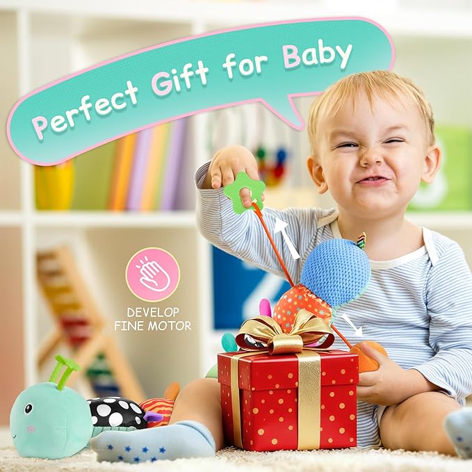 Baby Toys Sensory Musical Animal Stuffed Toy for Infant 0-3-6-12 Months Tummy Time Newborn, Plush Caterpillar with Mirror,Crinkle,Rattle Teething Toys for Baby Boys Girls Shower Gifts, Blue