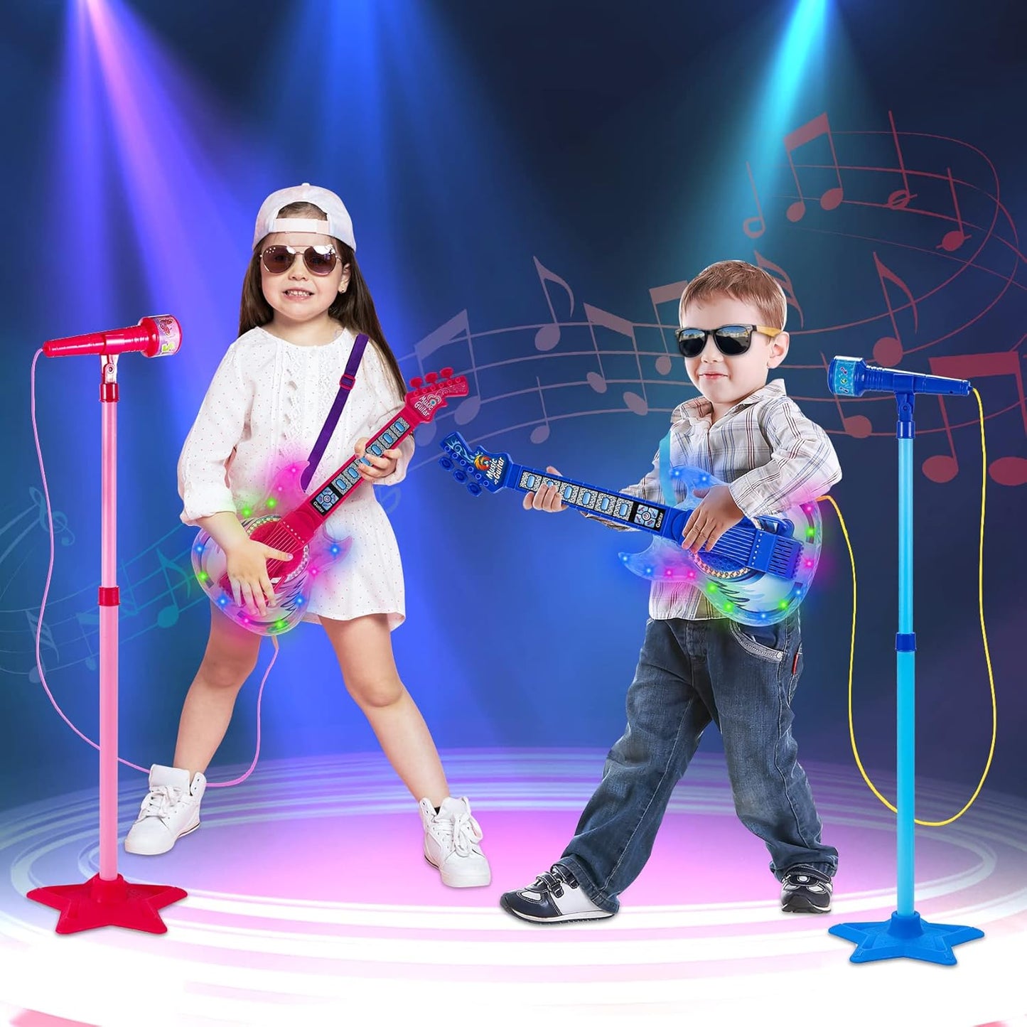 Guitar and Microphone Play Set for Boys New Upgrade,Karaoke Machine with Music&Light,Microphone Toys with Stand,Adjustable Height Guitar Toys for Kids,Toddlers,Child