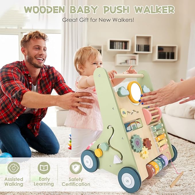 Baby Push Walker, Wooden Baby Walker with Wheels, Montessori Push Walker for Babies 6-12 Months, Adjustable Speed Push Walking Toys for Boys&Girls 1 Year Old, Christmas Birthday Gifts for Toddler