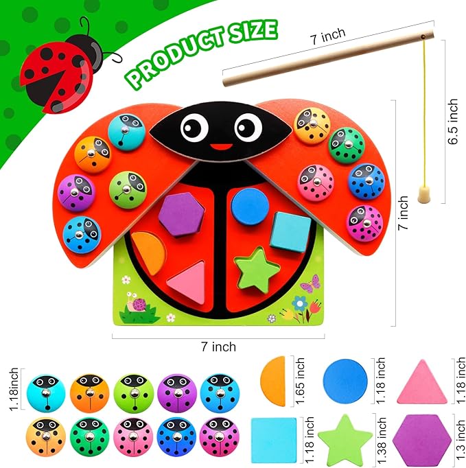 MOONTOY Wooden Ladybug Montessori Toys for 1 2 3 4 Year Old Boy Girl Learning Toys for Toddlers 1-3 Magnetic Fishing Game Number Block Counting Color Shape Sorter Puzzle Easter Basket Stuffers Gift
