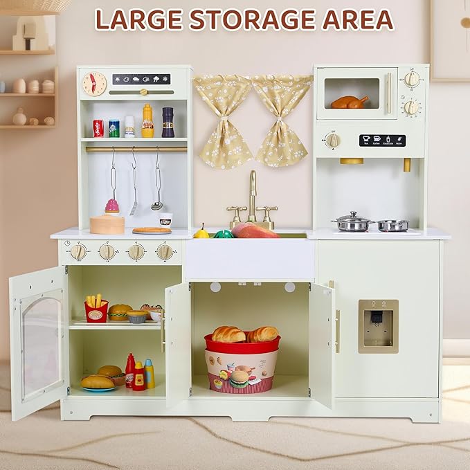 MAMIZO Kids Play Kitchen, Wooden Pretend Toy Kitchen, Large Toodler Cooking Playset, Stove and Water Dispenser w/Sound & Light, Sink, Microwave, Curtain, Modern Home Style for Ages 3+ (Yellow)