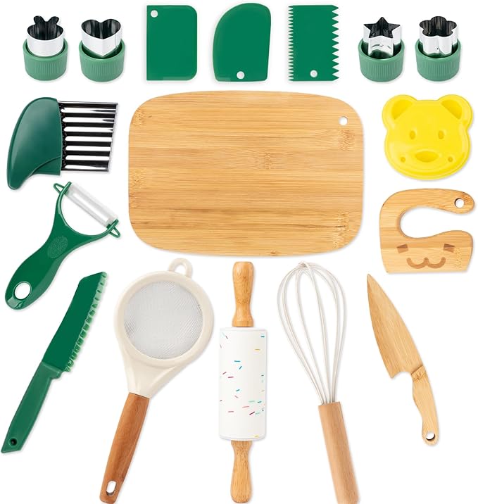 17 PCS Kids Knife Set for Real Cooking, Montessori Kitchen Tools for Toddlers, Cooking and Baking Set for Kids Little Chefs, Crinkle Cutter, Cutting Board, Safe Knife