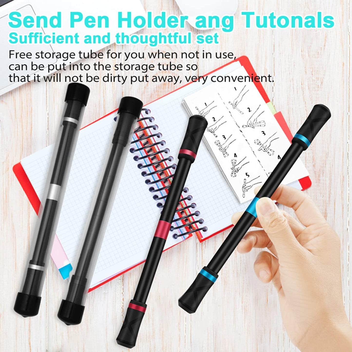 4 Pieces Pen Spinning Spinner Pen Gaming Pen Spinning Mod Gaming Spinning Pens Flying Spinning Pen Finger Rotating Pen for Kids Adults Office Supplies with Instruction Manual (Silver,Black, Red, Blue)