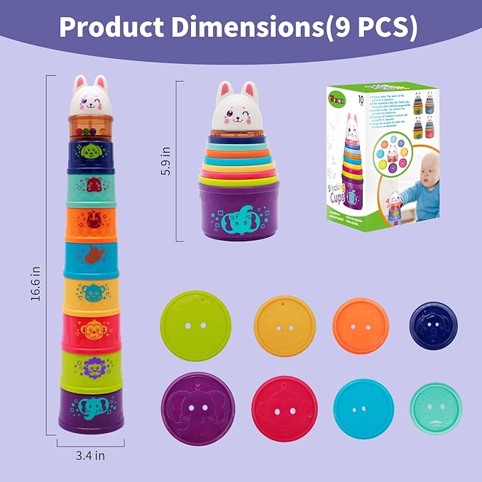Bunny Baby Stacking Cups for Toddlers 1-3, Stacking Toys Plastic Stackable Cups for Babies 6-12 12-18 Months Toddler Toys 1-2 Nesting Color Learning Montessori Toy Gift for 1 Year Old Boy Girl