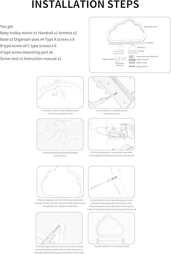 Montessori Mirror with Bar, Baby Pull to Stand Toys, Easy Assembly Natural Frame, Adjustable Infant Mirror, Montessori Furniture for Toddler 6-18 Months-Natural