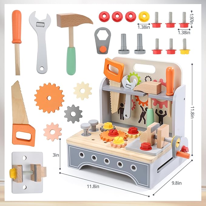CUTE STONE Kids Wooden Tool Bench, 2-in-1 Toddler Tool Box & Take-Along Tool Kit, Montessori STEM Learning Toy Workbench, Educational Construction Pretend Play Gift for Boys & Girls Ages 3+