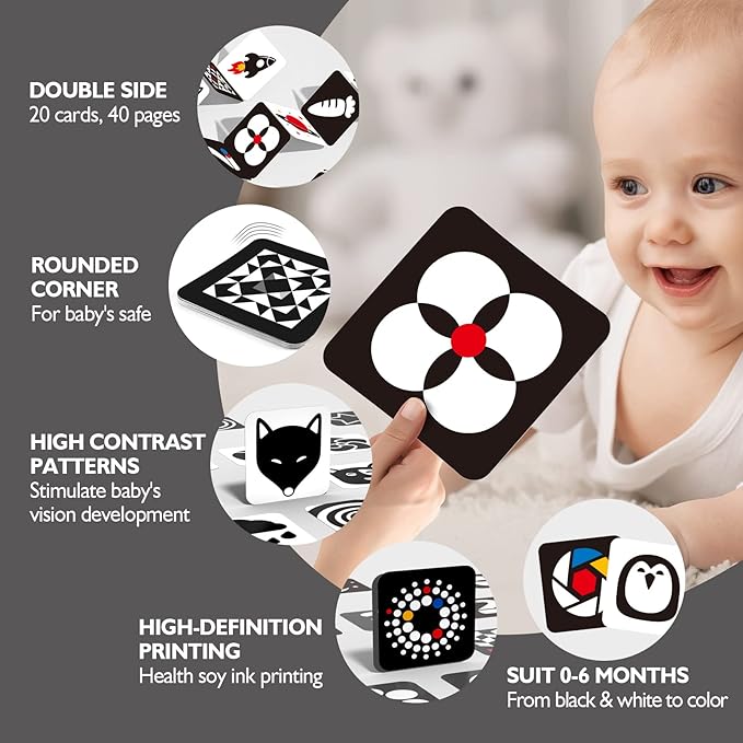 hahaland High Contrast Baby Flashcards - Black and White Infant Baby Cards 0-6 Months Tummy Time 0-3-6 Months Montessori Sensory Cards 20 PCs 6''×6'' Newborn Brain Visual Stimulation