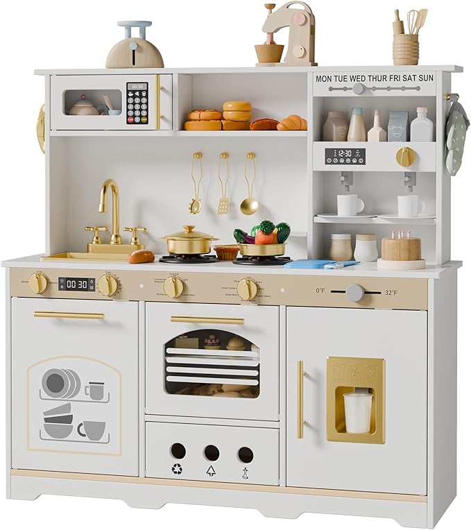 Play Kitchen Set, Kids Kitchen Playset with 21 Fun Accessories, Toy Kitchen Set with Realistic Appliances, Smart Storage, Wooden Play Kitchen for Kids, Gift for Ages 3+ (White & Gold)