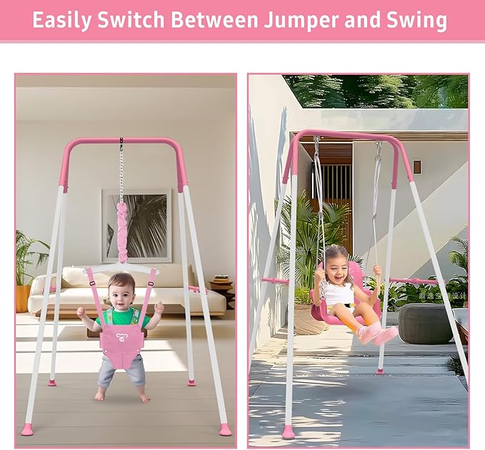 2 in 1 Toddler Swing & Baby Jumper, Foldable Baby Swing Outdoor & Indoor Use, Easily Installable and Storable (Pink)