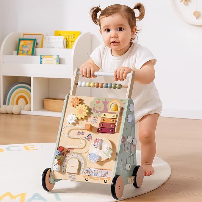 ROBUD Wooden Baby Push Walker, Forest Theme Learning Walking Toys, Adjustable Height Baby Walker with Decelerator, Montessori Toys for Baby Age 10 Months+, WRP37