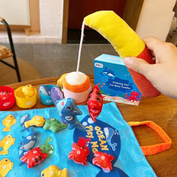 Montessori Toddler Toys for 1-3 Years Old Boys and Girls,22PCS Cloth Fishing Game with Stacking Cups, Color Sorting & Number Learning, Educational Birthday Gift for 6-18 Month Babies