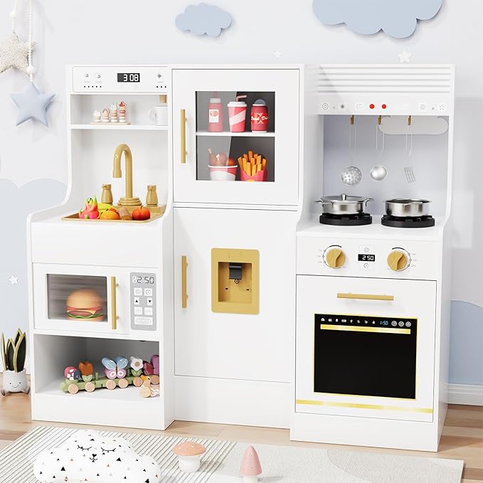 MAMIZO Wooden Play Kitchen for Kids, Toddler Toy Kitchen Playset, Large Interactive Pretend with 6 Kitchenware, Realistic Water Dispenser & Hood w/Lights & Sounds, Sink, Stove, Oven, Microwave (White)