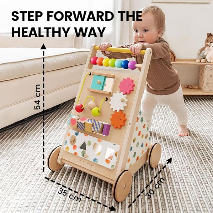 Tiny Land Wooden Baby Walker, Adjustable Speed Baby Push Walker for Boys and Girls, Montessori Activity Center Push Toy for Kids' Development, Ideal Christmas Gift for Toddlers (Rainbow)