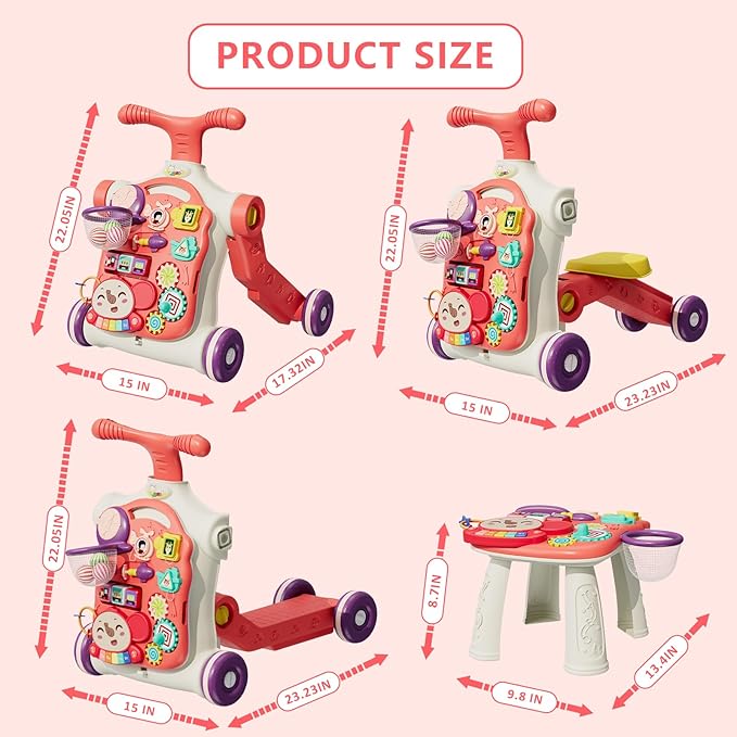 Upgraded 5 in 1 Baby Walker and Activity Center for Baby Girl, Learning to Walk, Sit to Stand, Early Learning Push Toys for Infant 12 Months, Walking Toys Gift for Toddler Girls, Red