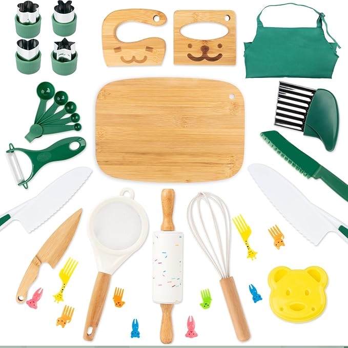20 PCS Kids Safe Knife Set for Real Cooking, Montessori Kitchen Tools for Toddlers, Cooking & Baking Set for Little Chefs, Kids Kitchen Knife, Crinkle Cutter, Kid Apron for Girls Boys