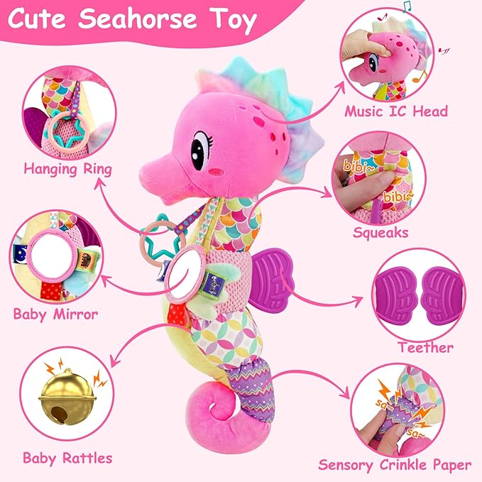 Baby Girl Toys 0-6 3-6 Months Musical Stuffed Animal Plush Pink Seahorse for Infant Tummy Time 6-12 Month with Baby Mirror Sensory Newborn Crinkle Developmental Toy Birthday Shower Gifts 0-3 4 5 Month