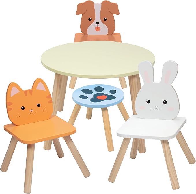 Kids Wooden Animal Table & Chair Set w 4 Seats- Puppy Kitten Bunny Plus Adult Stool for Arts Crafts Activity, Dining, Pretend Play- Playroom Furniture for Home, Daycare Classroom- Toddler Xmas Gift