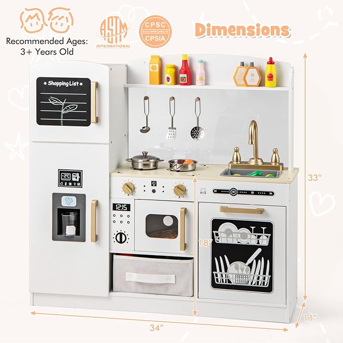 HONEY JOY Kids Kitchen Playset, Wooden Toy Kitchen Set with Lights & Sounds, Microwave, Ice Maker, Storage Box, Interactive Little Chef Pretend Play Kitchen for Toddlers, Gift for Boys Girls (White)