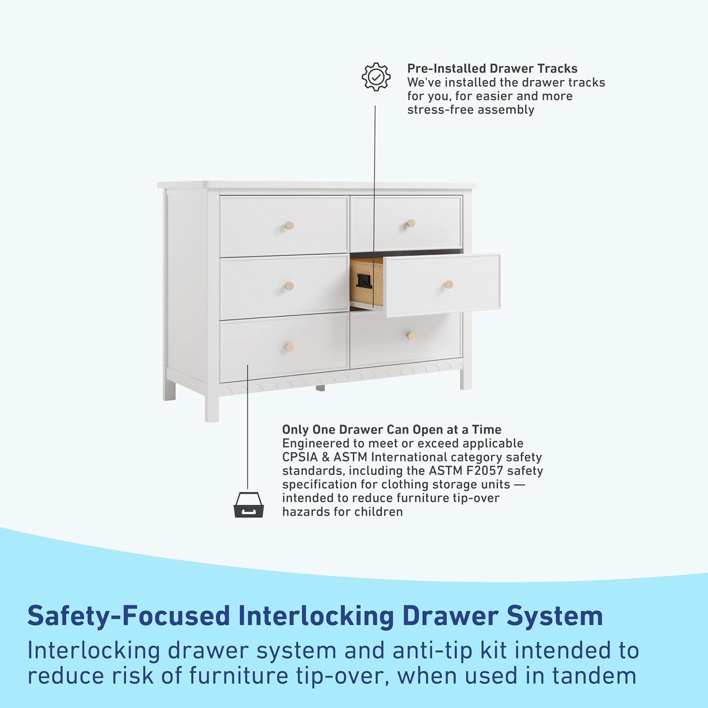 Graco Sasha 6 Drawer Dresser (White) – GREENGUARD Gold Certified, Wood Storage for Nursery or Kids’ Room, Safe Interlocking Drawer System & Easy Assembly with Pre-Installed Tracks