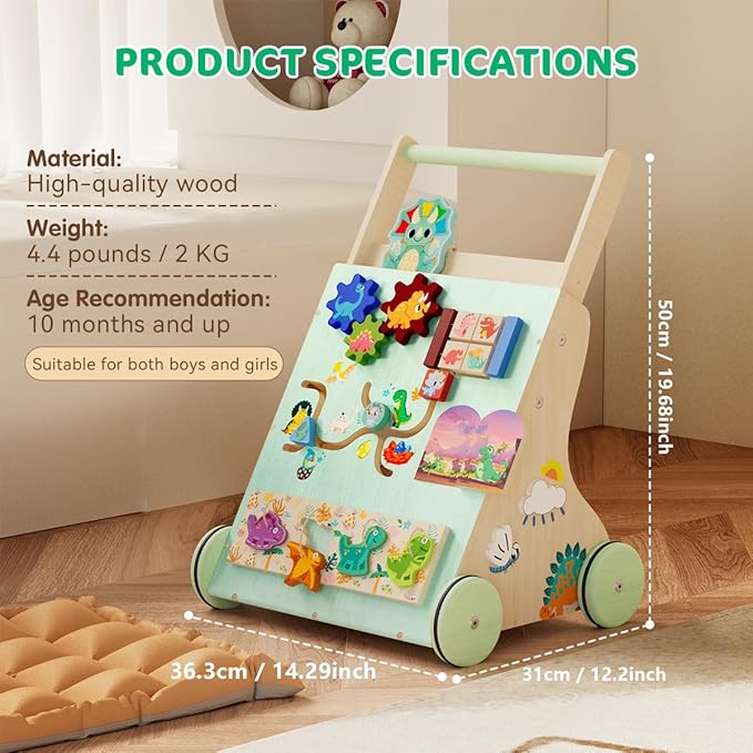 Wooden Baby Walker, Dinosaur Toddler Push Walker, Montessori Learning Activity Center for Boys Girls, Develops Motor Skills Sit-to-Stand Toys Multifunctional Educational Gifts for Kids Infant